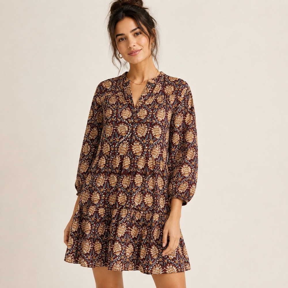 Fitzroy & Willa Women's Fall Floral Mini Tunic Dress Medium Boho Oversized